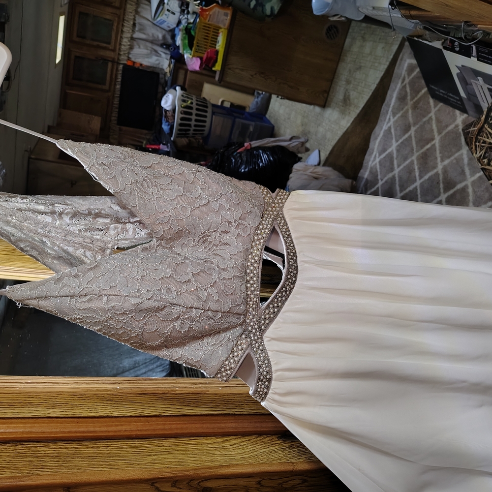 Elegant Lace and Satin Dress with Pearl Accents